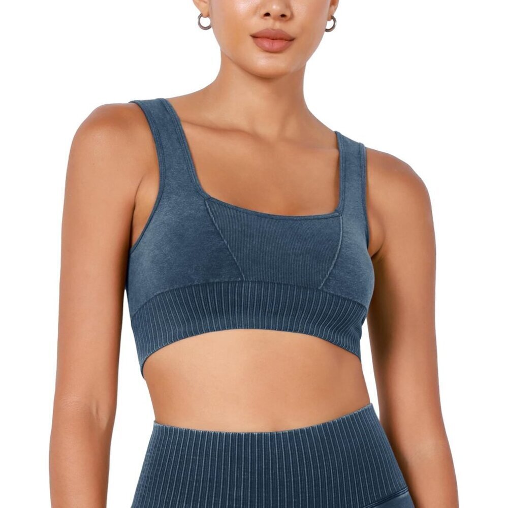 Women's Stone Washing Denim Blue Square Neck Low Back Ribbed Cropped Sports Bra